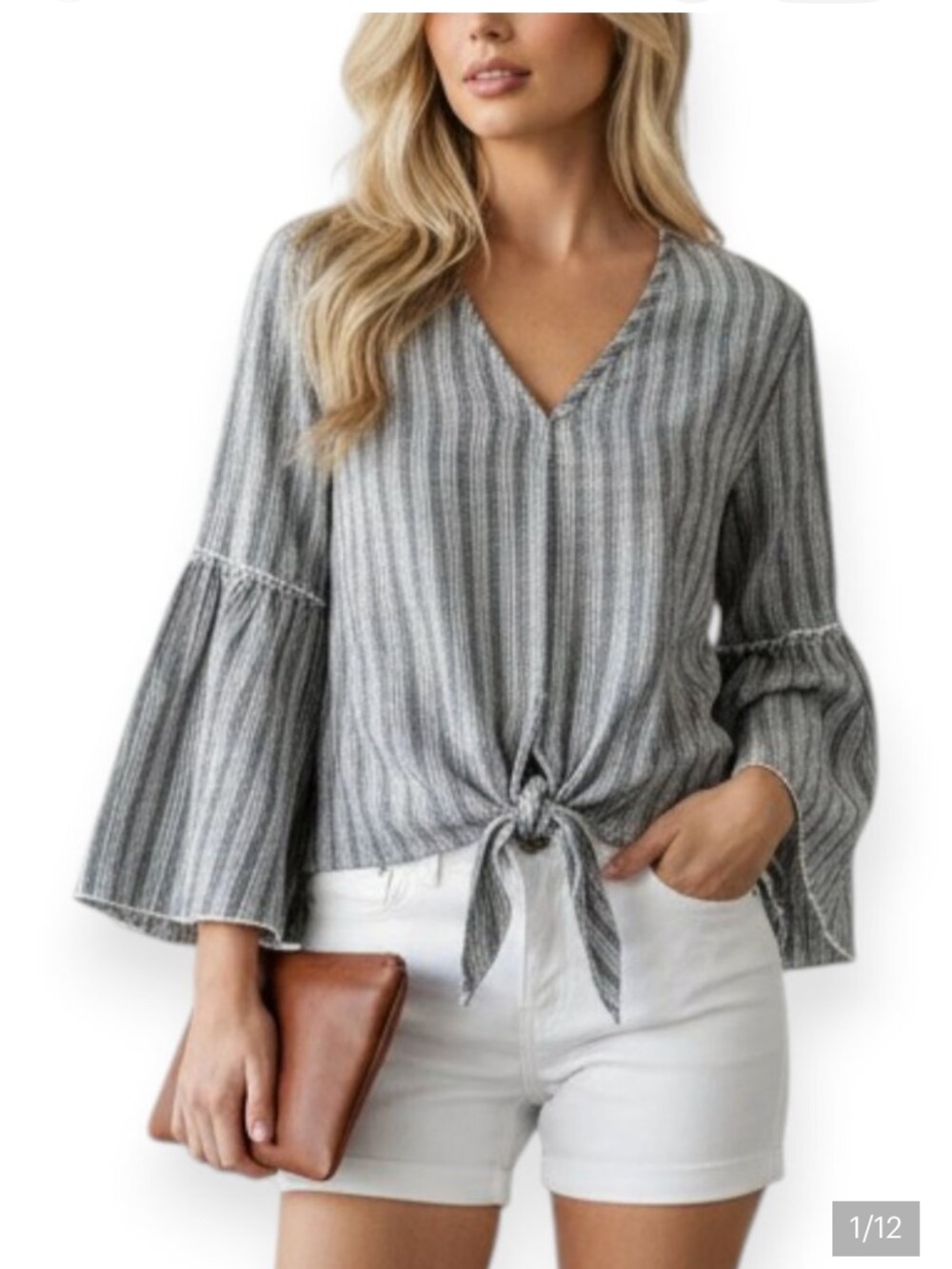 lavender field Gray Striped Tie-Front V-Neck Blouse